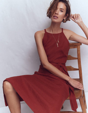 ZRA™ | Rosa Leinen-Midikleid mit Neckholder – Orange